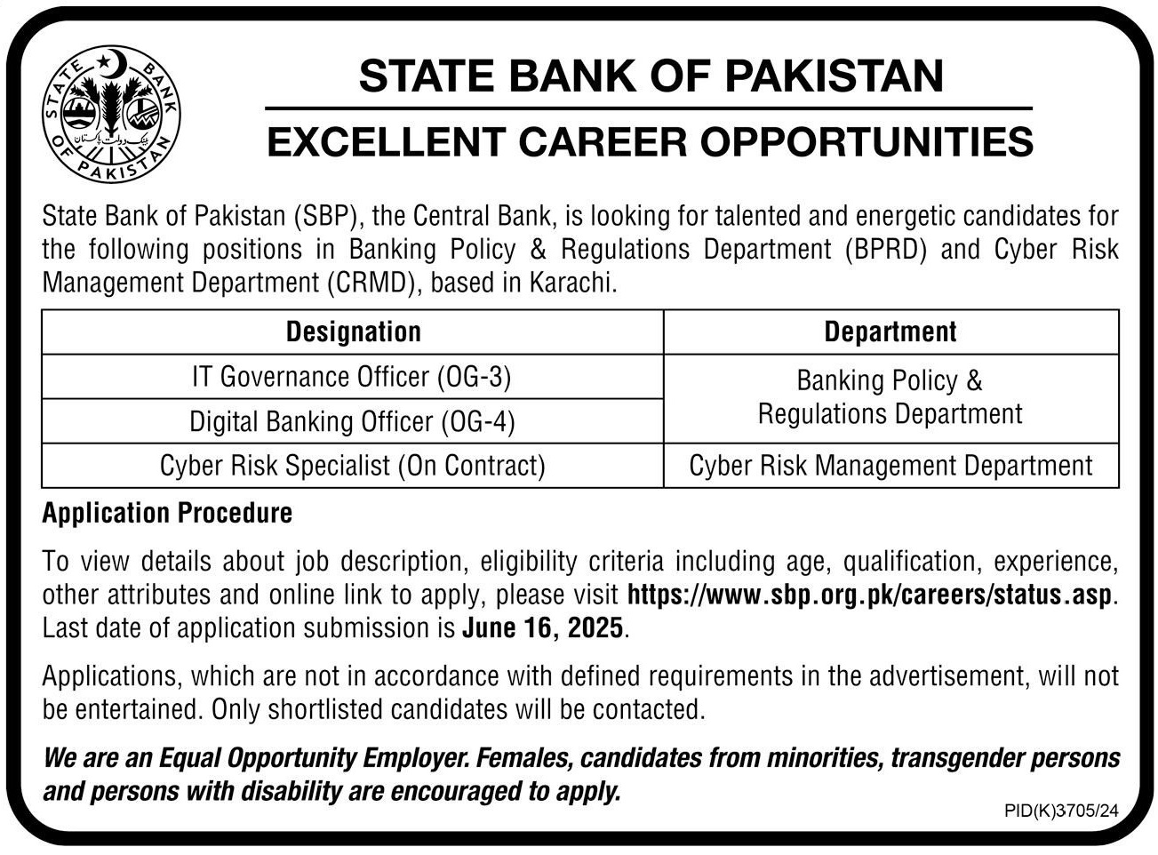 State Bank of Pakistan Jobs Advertisement 2025